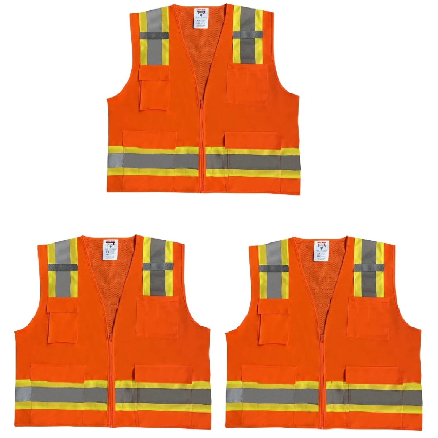 Safety Main 05TTSOZ Surveyor Vest, Class 2, Solid Front, Mesh Back, Hi-Vis Orange, Pack of 3